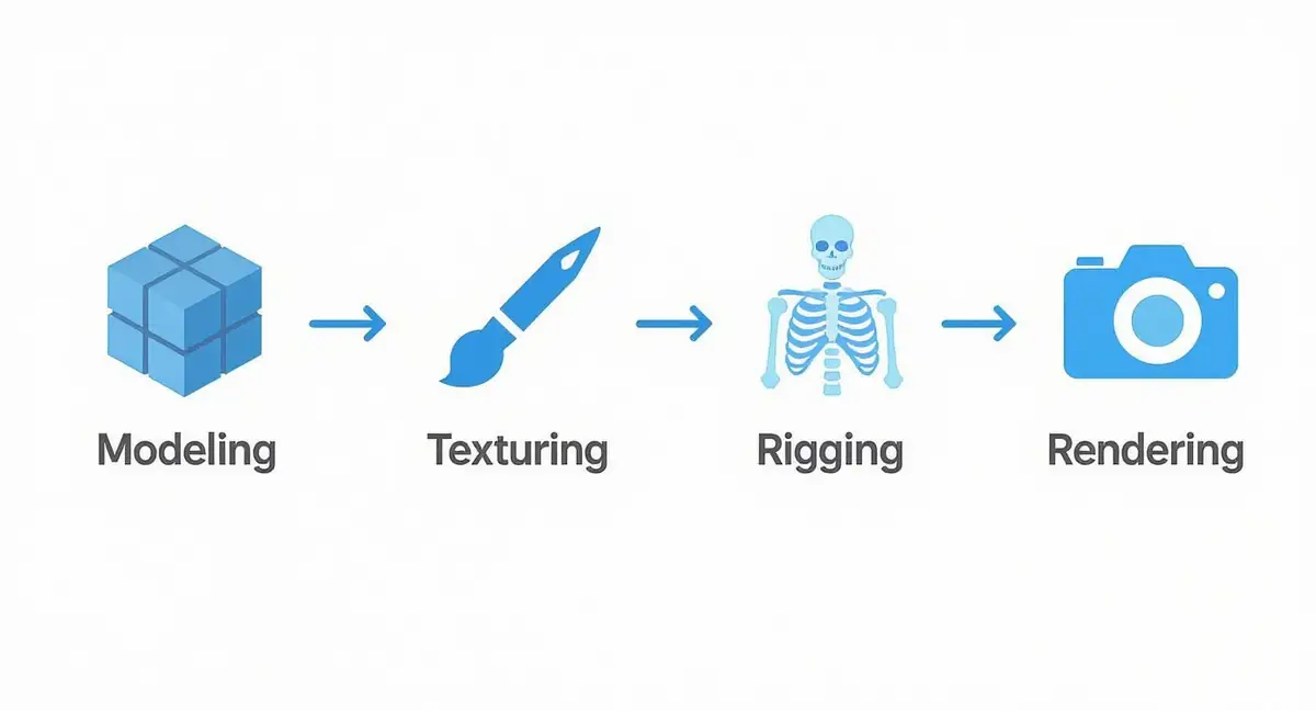 A visual diagram outlining the four main steps in CGI creation: modeling, texturing, rigging, and rendering.