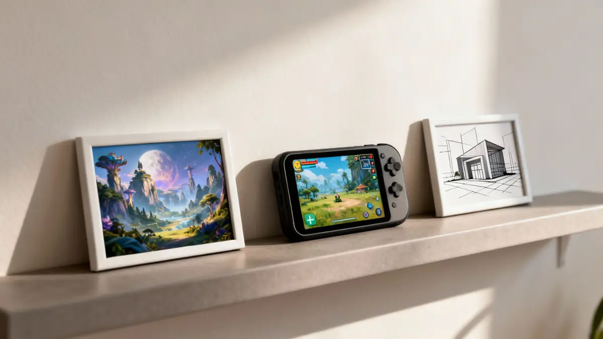 A vibrant fantasy art print, a gaming console, and an architectural sketch sit on a modern shelf.