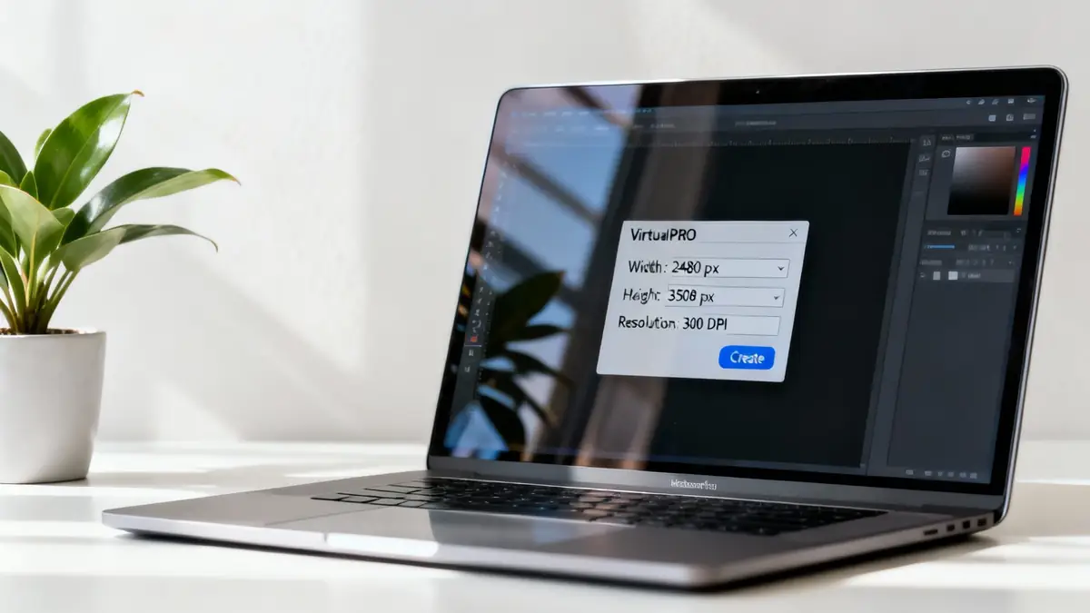 A silver laptop displays a 'VirtualPRO' dialog box showing A4 paper pixel dimensions.