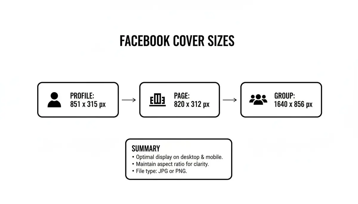 A diagram illustrating Facebook cover sizes for profiles, pages, and groups, with best practice recommendations.