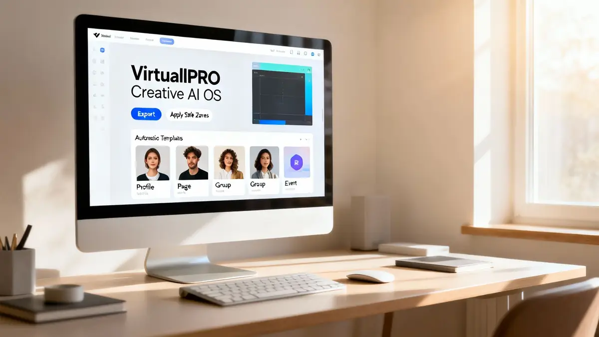 A desktop computer displaying 'VirtuallPRO Creative AI OS' with templates on a bright wooden desk.