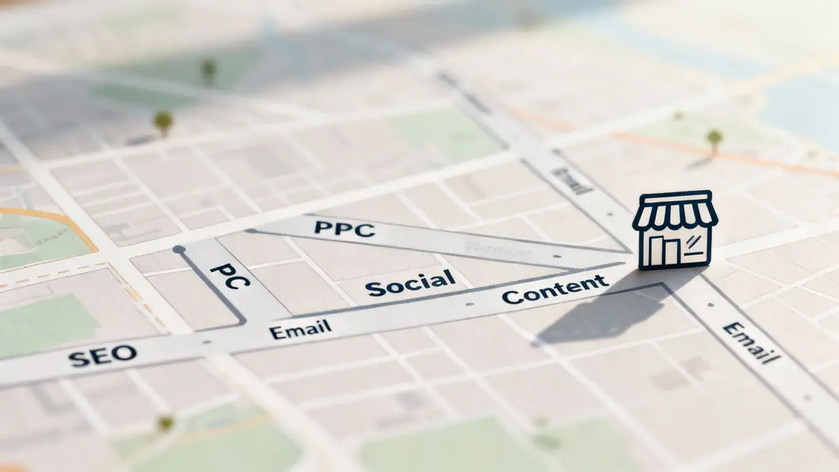 A map with various digital marketing paths like SEO, PPC, Social, Email, Content leading to a store icon.