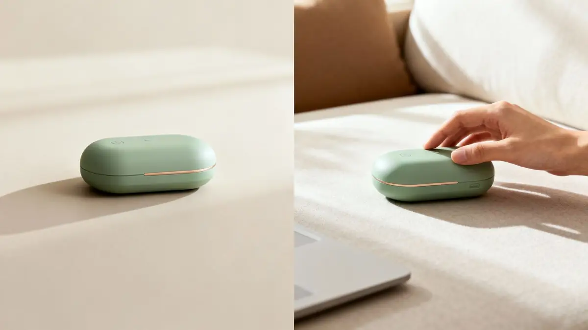 A green portable electronic gadget is touched by a hand, shown on a light surface.