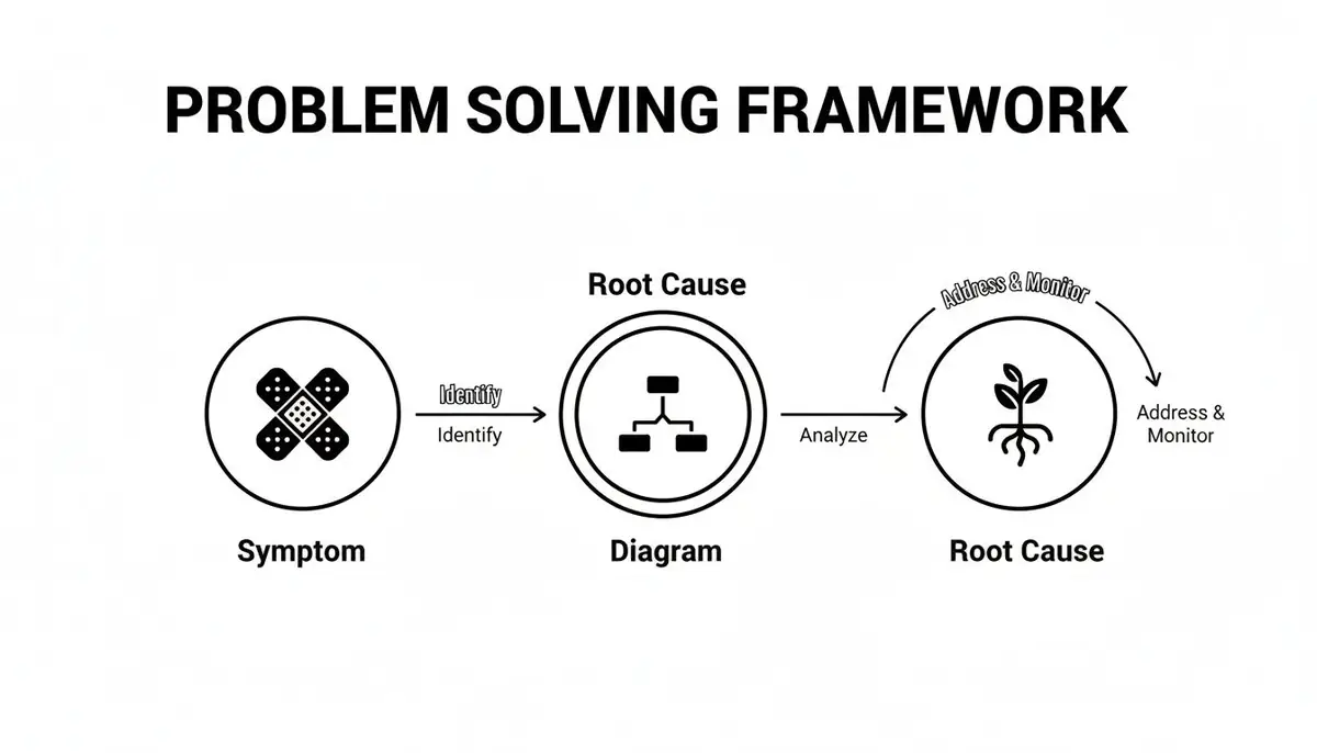 A problem-solving framework illustrating the steps from identifying symptoms to analyzing and addressing root causes.