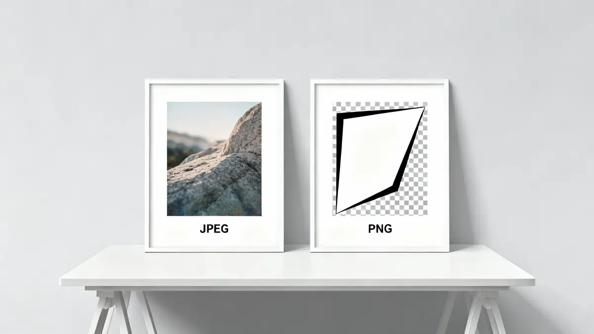 Two framed images on a white table comparing a JPEG photo of rocks and a PNG graphic with transparency.