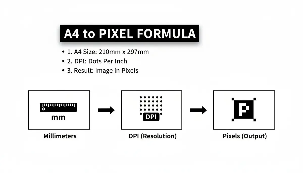Diagram explaining the A4 to pixel conversion formula using millimeters, DPI, and pixel output.