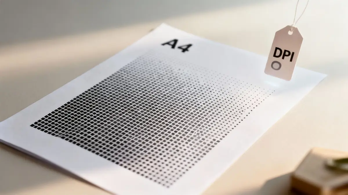 A4 paper with a halftone grid pattern and a hanging DPI tag, illustrating print resolution.