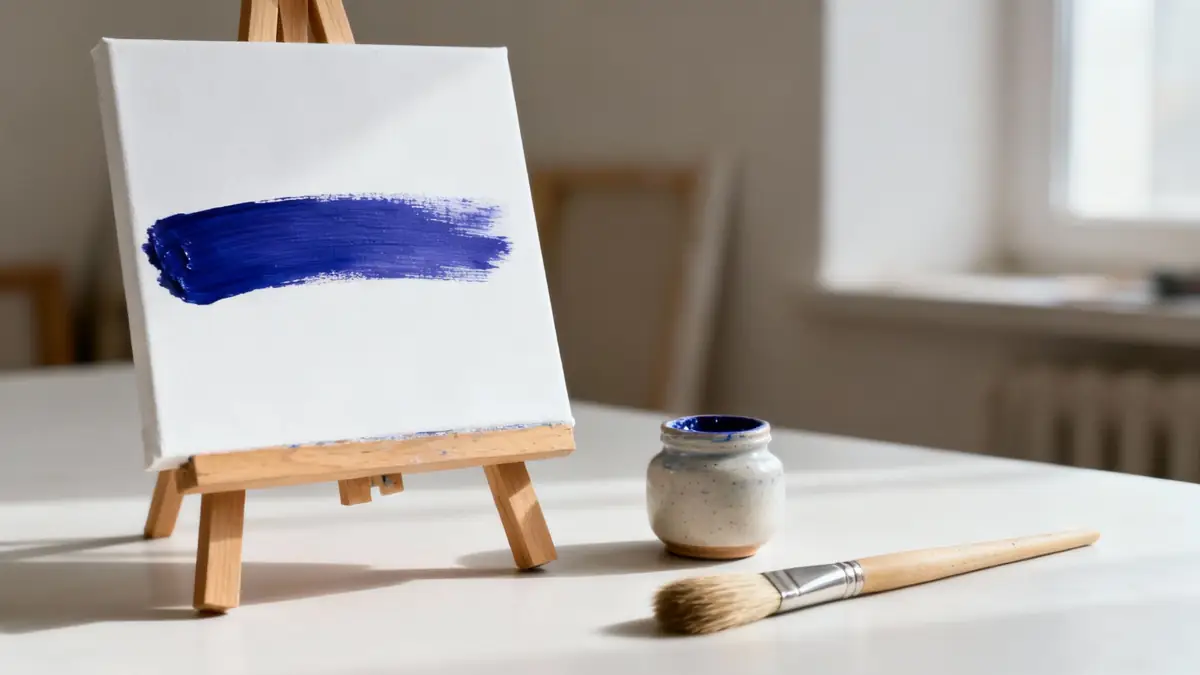 A small white canvas on a wooden easel features a bold blue brushstroke, with a paintbrush and paint pot beside it.