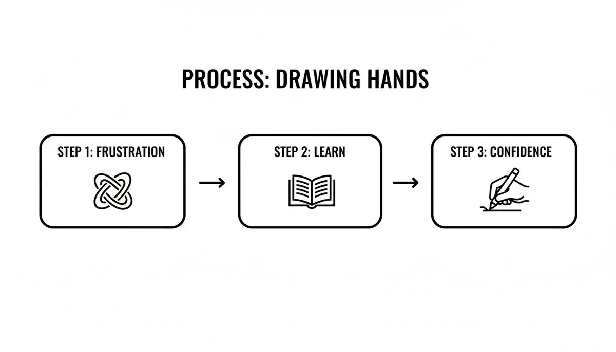 A diagram illustrating the process of drawing hands, moving from frustration to learning and confidence.