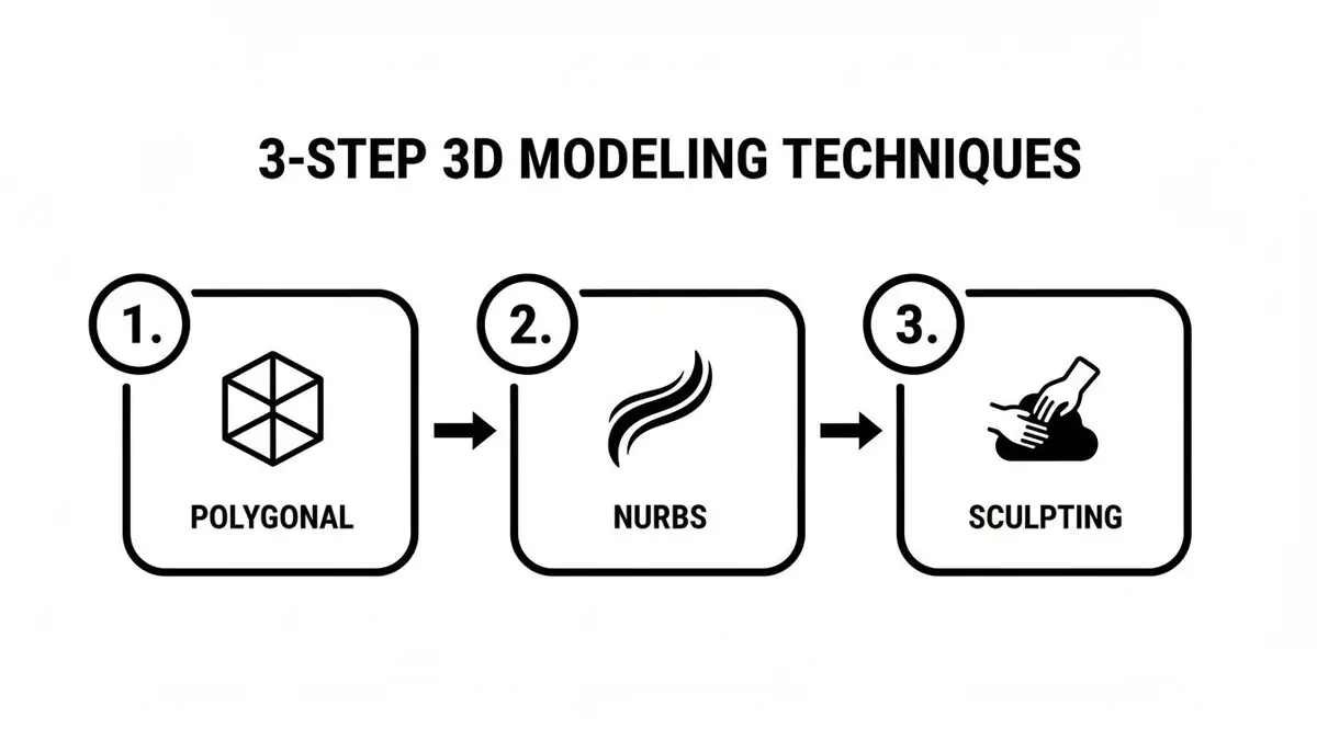 A 3-step diagram outlining 3D modeling techniques: Polygonal, NURBS, and Sculpting methods.
