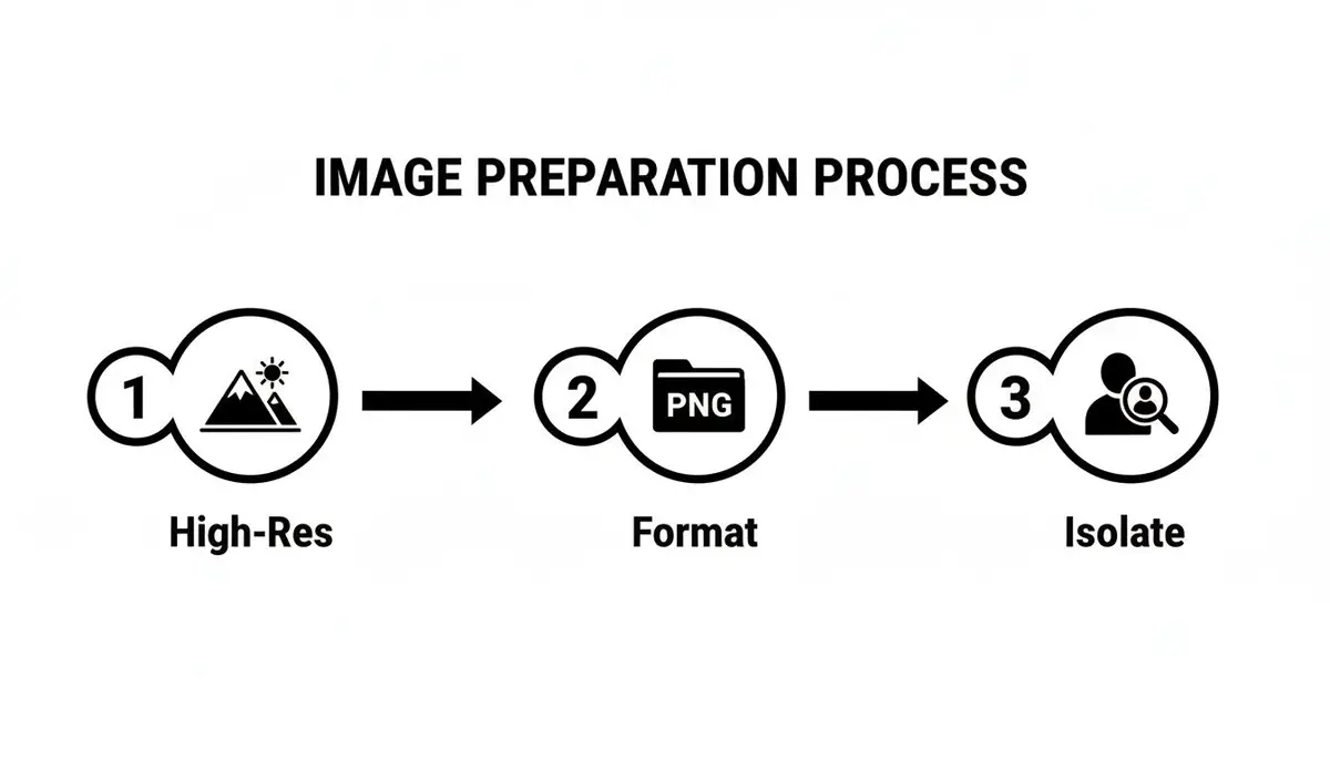A three-step image preparation process: high-resolution, format conversion (PNG), and subject isolation.