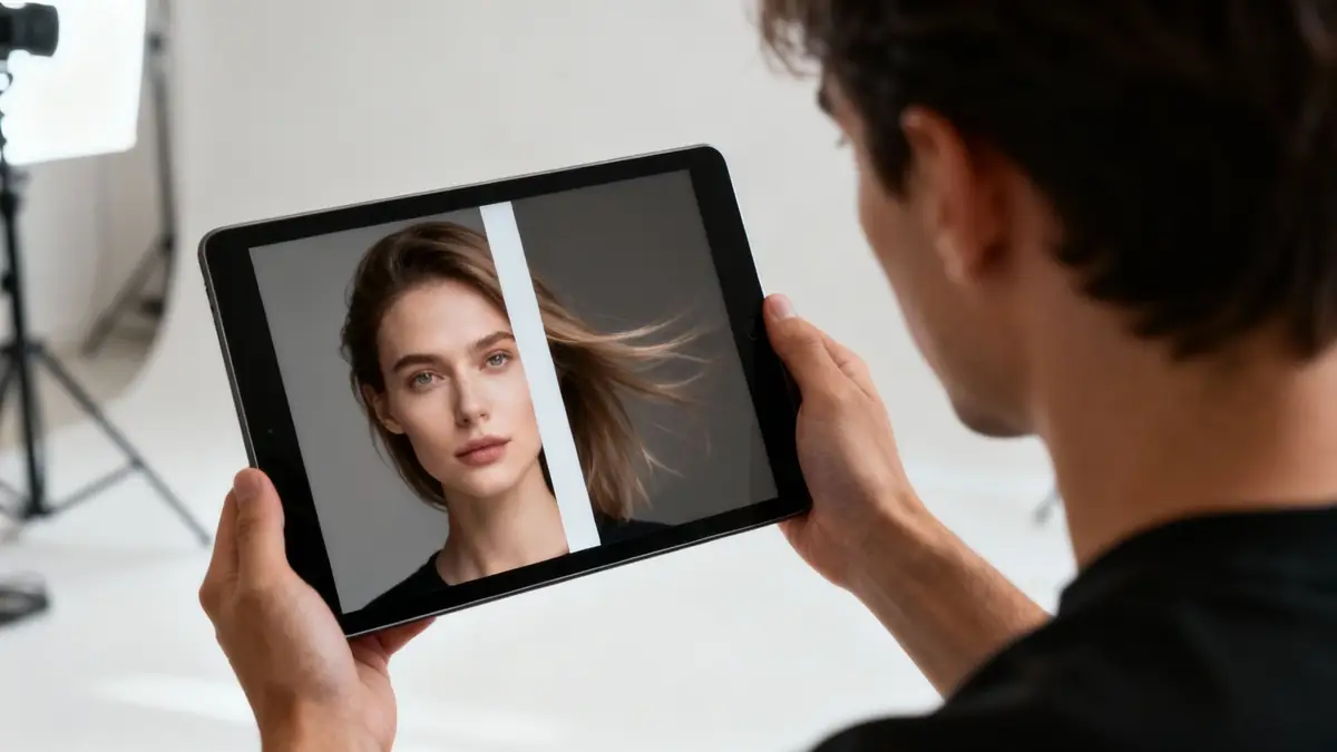 A person holds a tablet displaying a photo of a woman with a vertical split screen, in a studio.