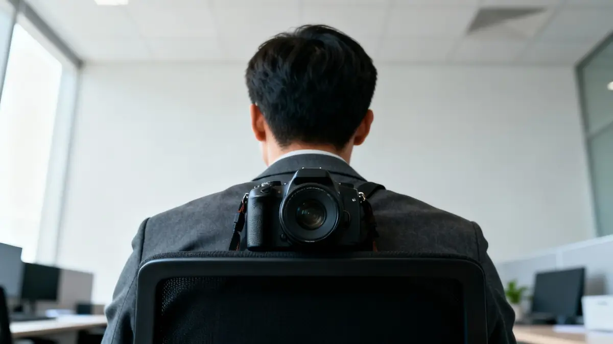Rear view of a person wearing a camera over their shoulder in a bright office.