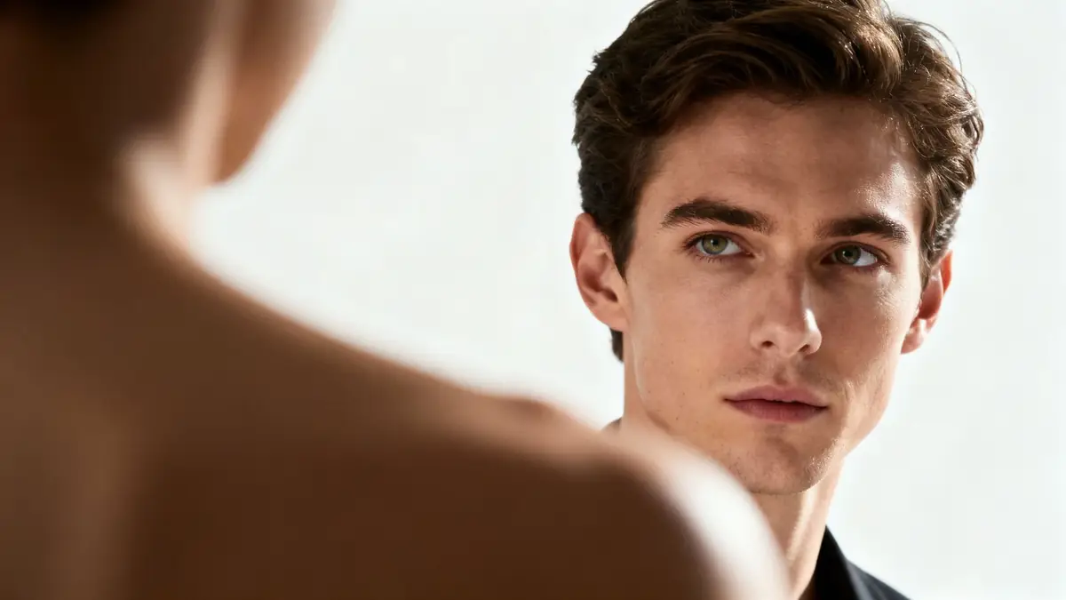 Close-up of a man with green eyes looking intently, seen over a blurred shoulder.