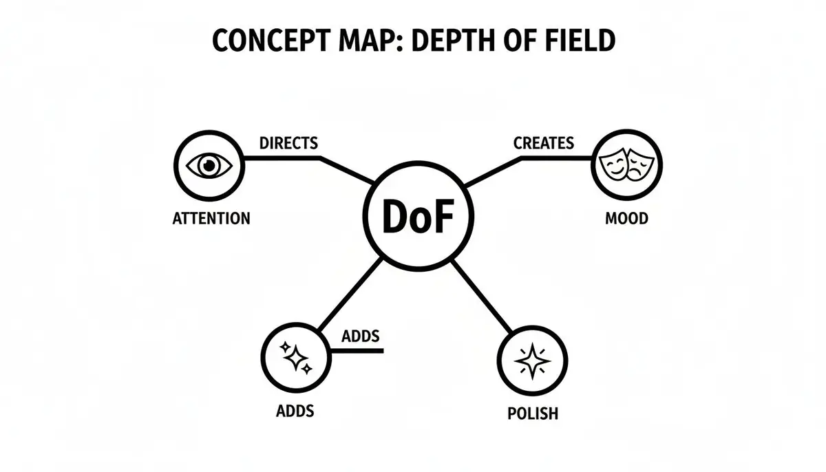Concept map illustrating Depth of Field (DoF) directs attention, creates mood, adds sparkle, and polish.