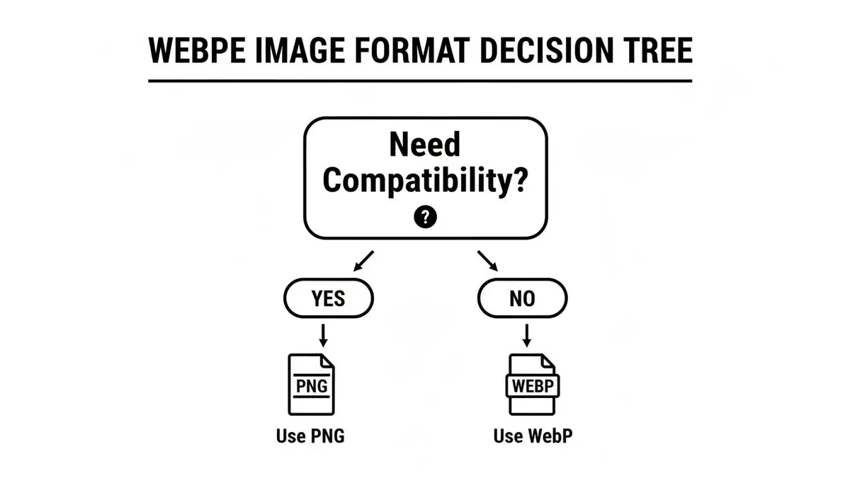 A decision tree flowchart guiding when to use PNG or WebP image formats based on compatibility needs.