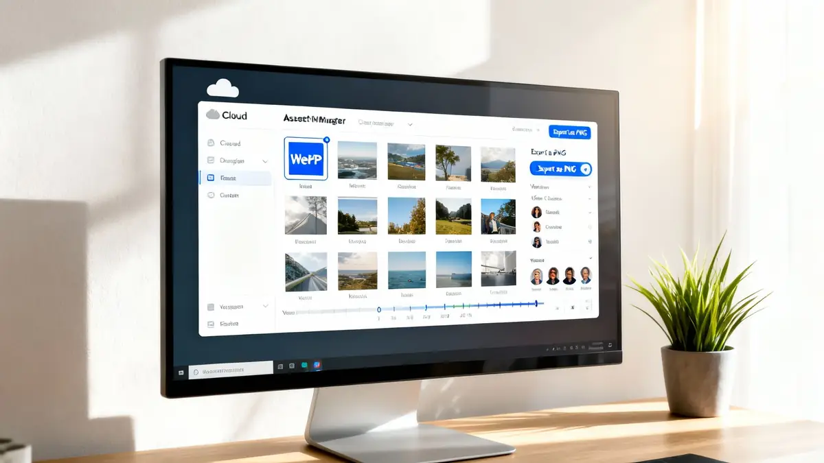 A computer monitor displays a file conversion interface from WebP to PNG on a wooden desk.