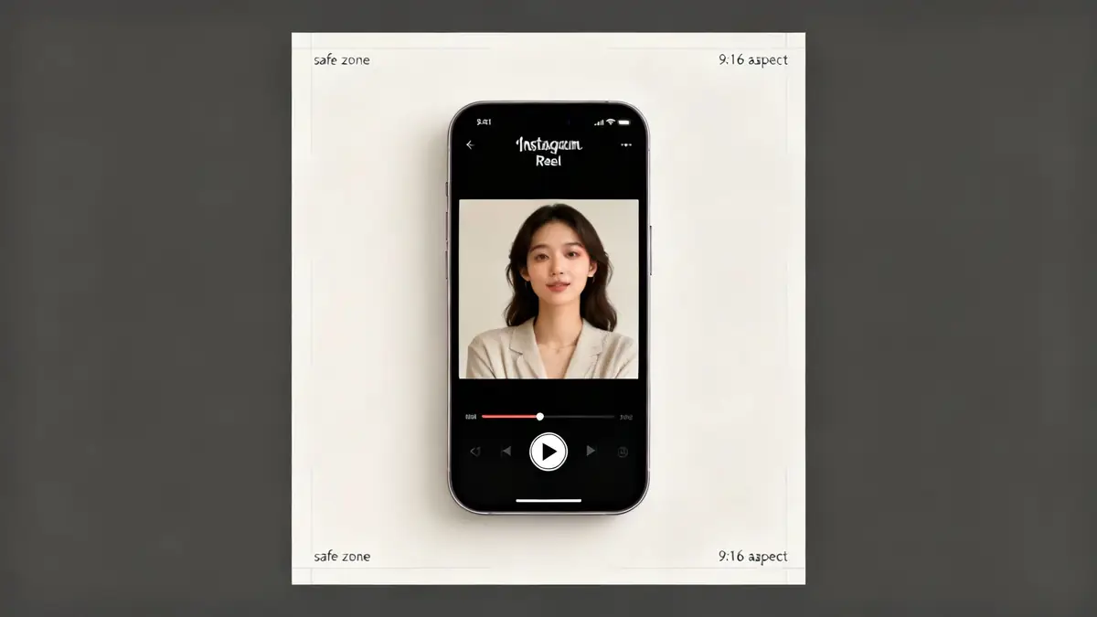 A smartphone displays an Instagram Reel of a young woman, centered within a 9:16 aspect ratio safe zone.