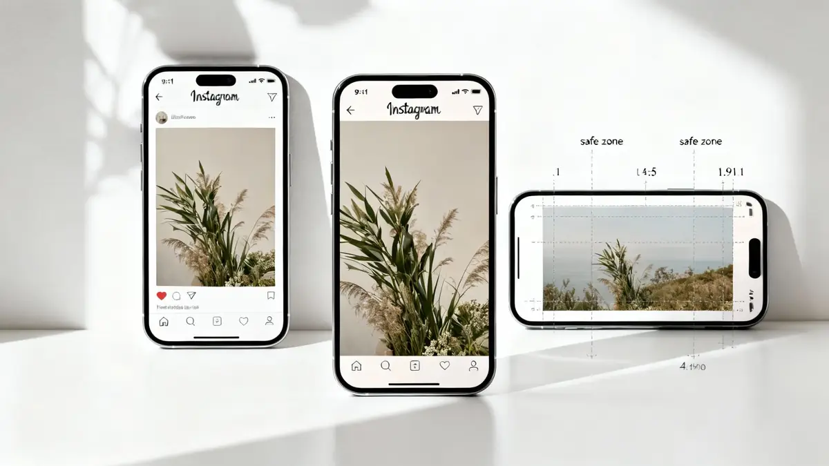 Three iPhones on a white surface showcasing various Instagram post formats and aspect ratio guidelines.