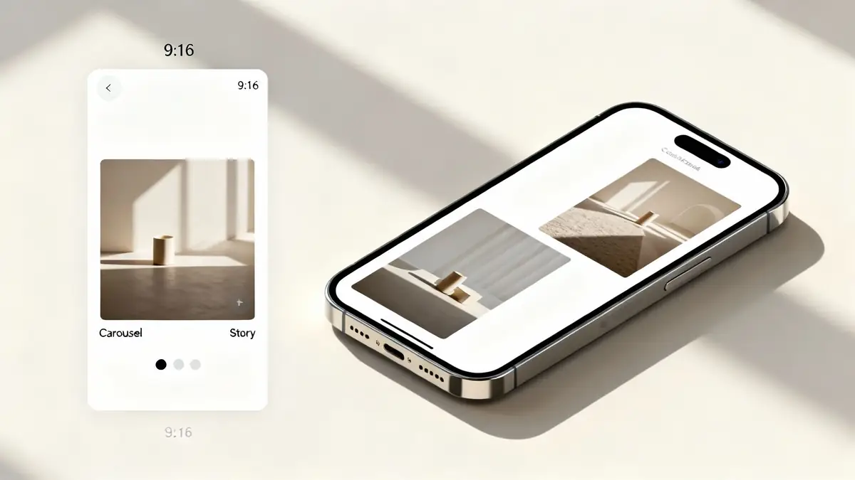 A modern iPhone displaying social media content next to a card showing carousel and story options.