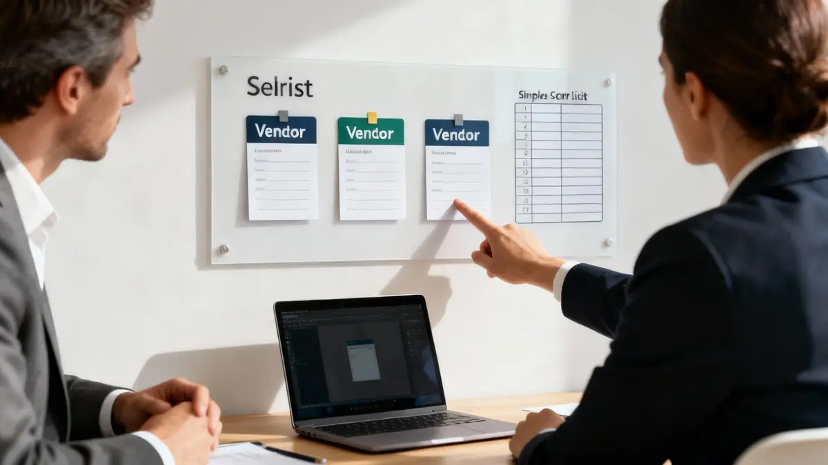 Two business professionals collaborating in an office, discussing vendor information on a clear wall board.