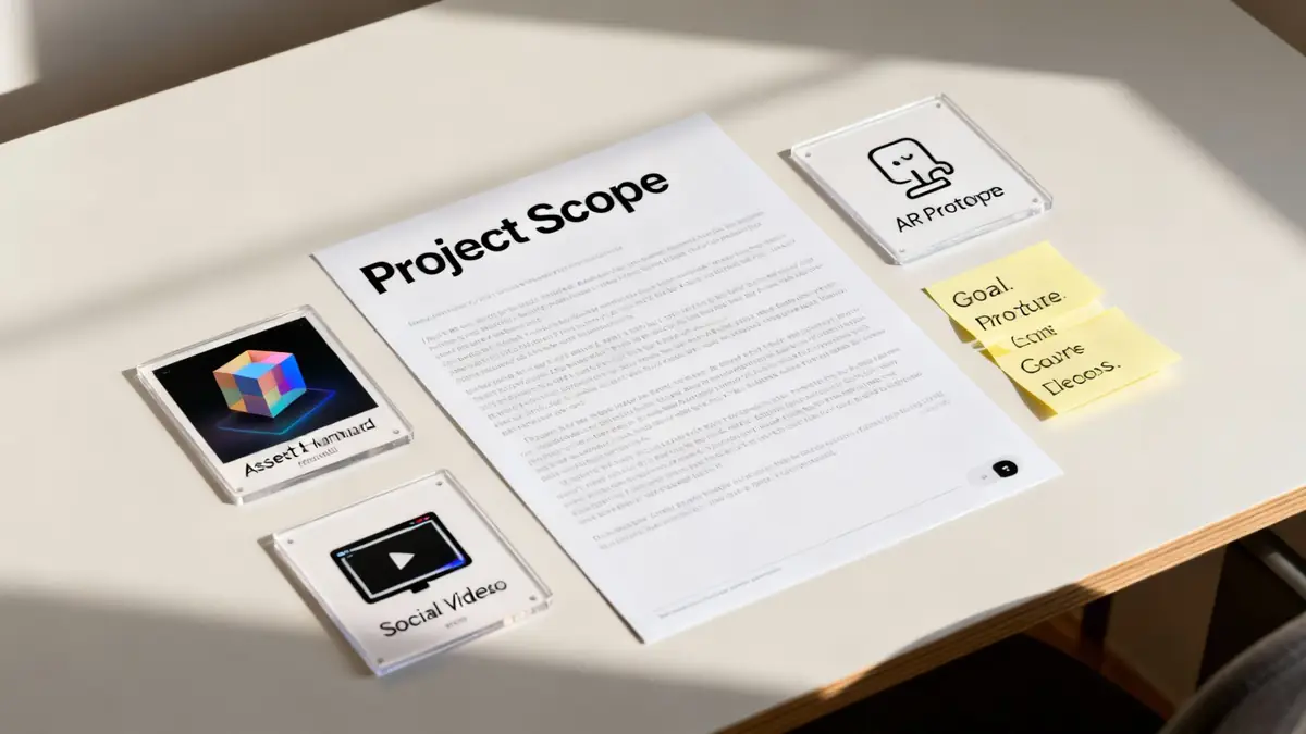 A desk with a 'Project Scope' document, AR prototype, asset, and social video cards, along with sticky notes.