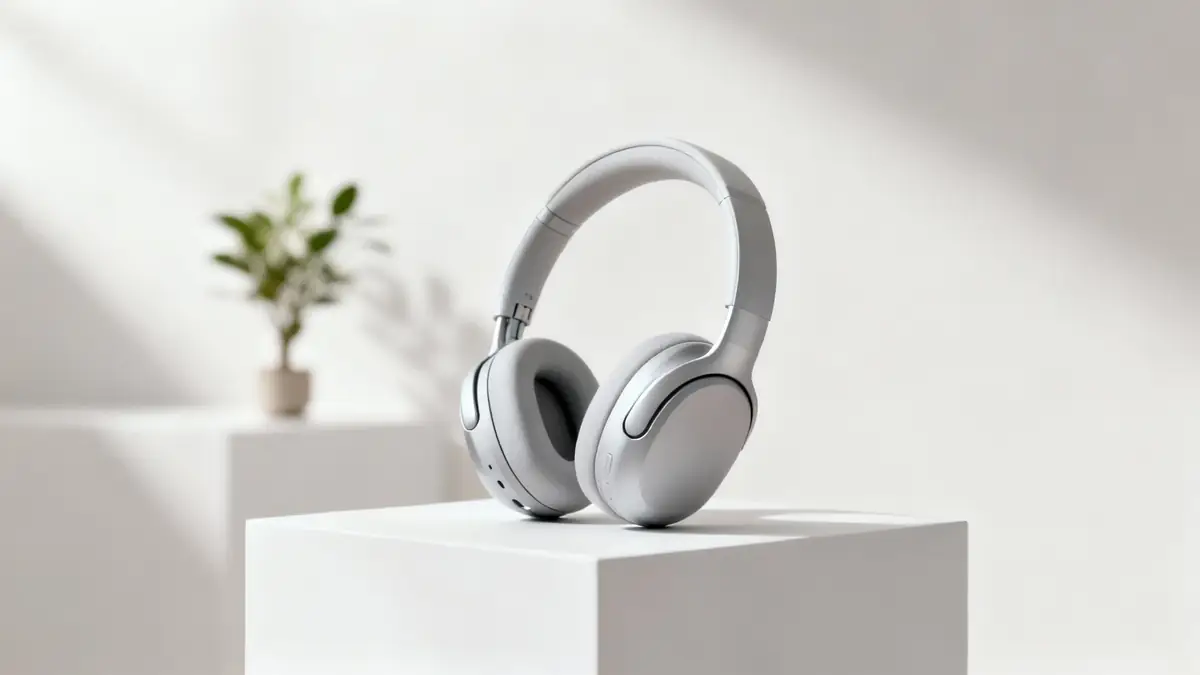 Light gray over-ear headphones on a white display stand in a minimalist setting.