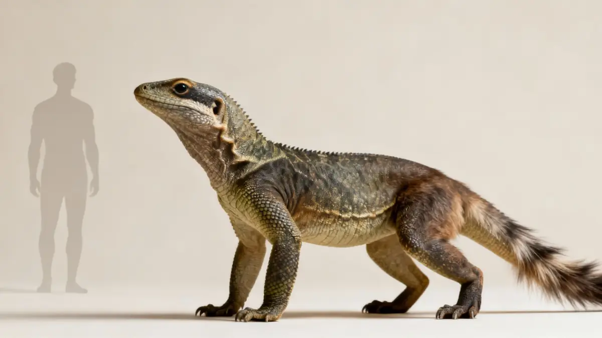 A scaly, reptile-like creature with a furry tail stands next to a human silhouette for scale.