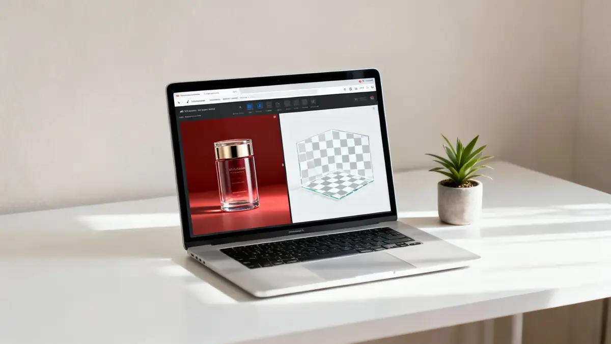 A laptop on a white desk displays a cosmetic bottle image and a transparency checkerboard.
