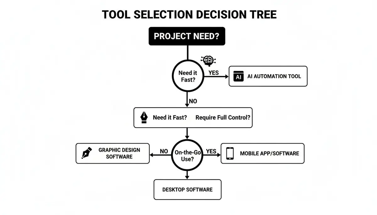 A tool selection decision tree flowchart guides users to choose software based on speed, control, and mobility.