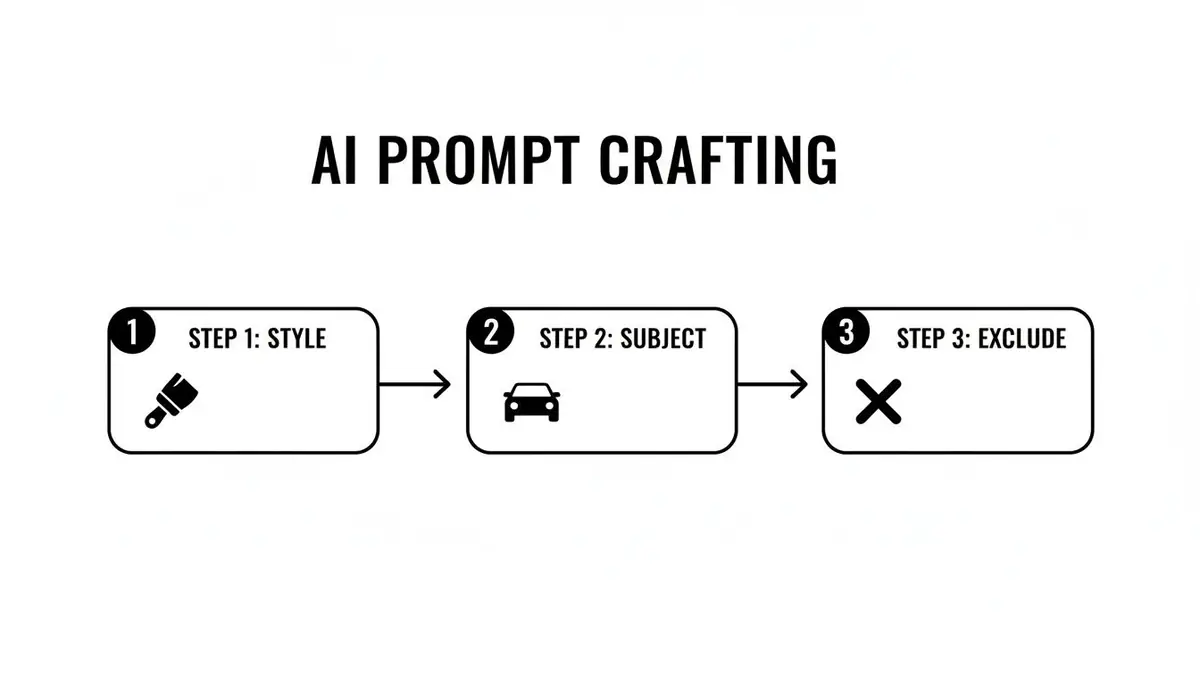 Diagram illustrates three steps for AI prompt crafting: style (paintbrush), subject (car), and exclude (X mark).