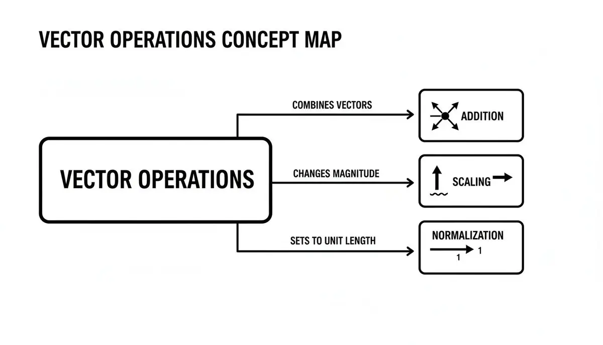 Diagram showing vector operations: addition combines, scaling changes magnitude, normalization sets to unit length.