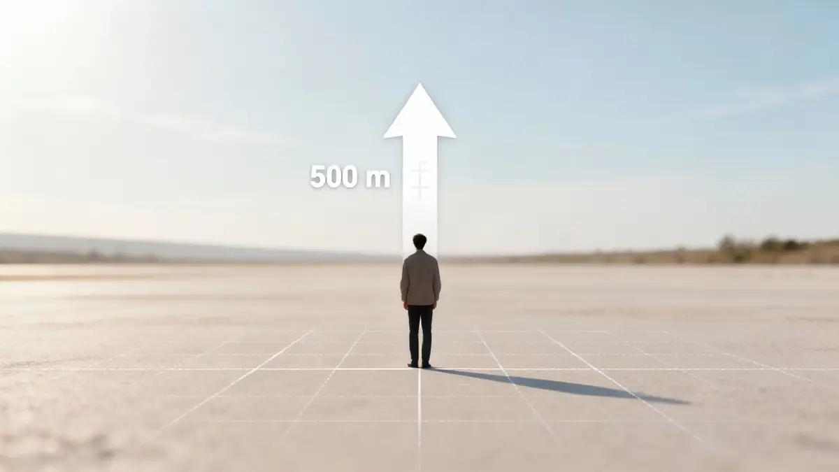 Person stands in a vast landscape, a 500m arrow indicating forward progress or distance.