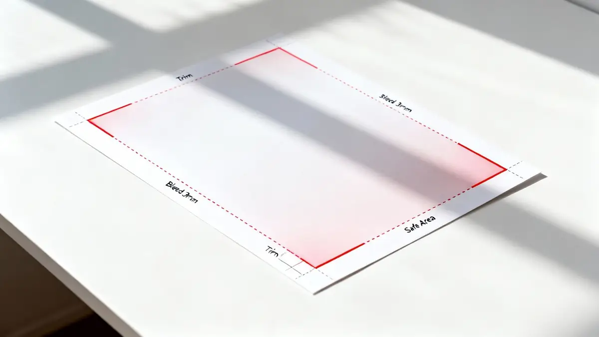 A white paper illustrating print design measurements, including trim, bleed 3mm, and safe area.