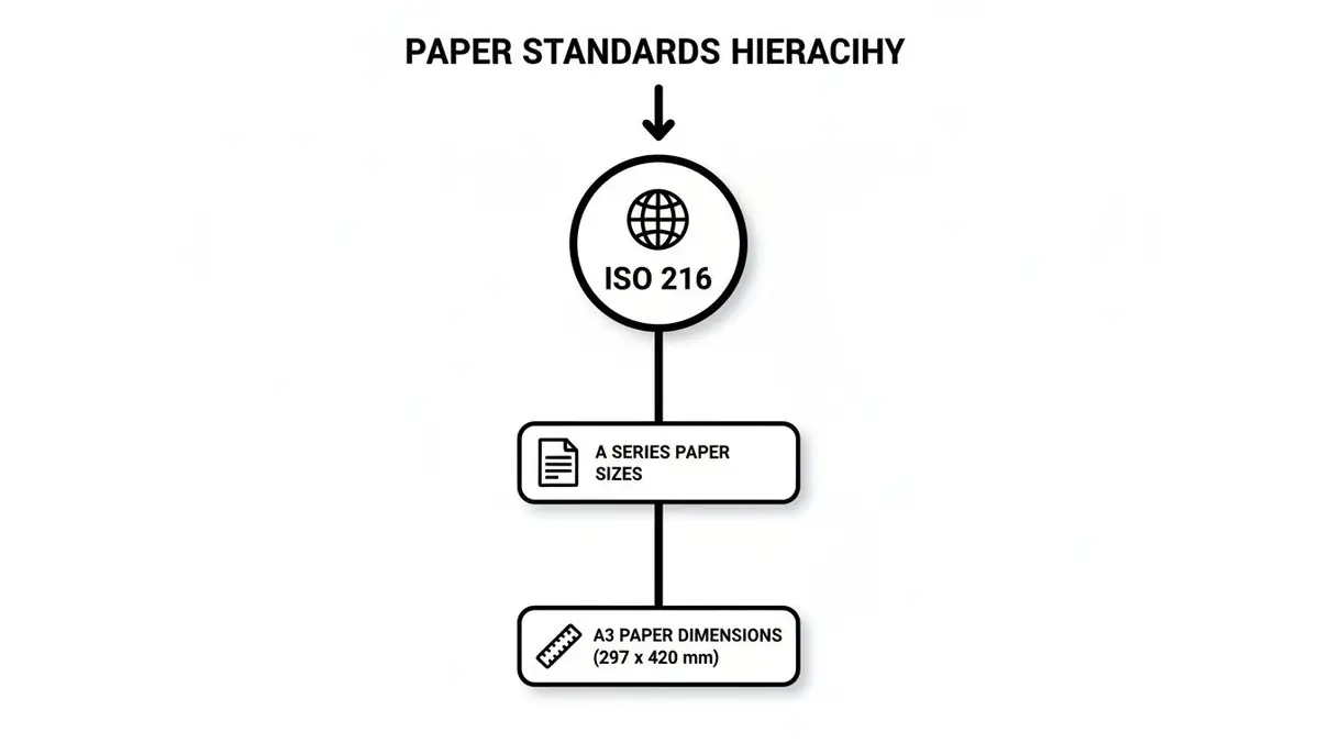 A hierarchy chart illustrating the ISO 216 international paper standards, from general to A3 dimensions.