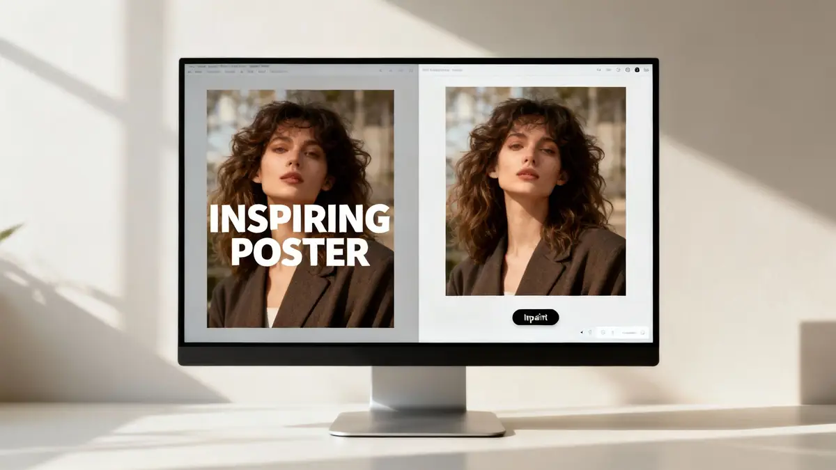 A computer monitor displays an image of a woman, demonstrating text removal from a poster design.
