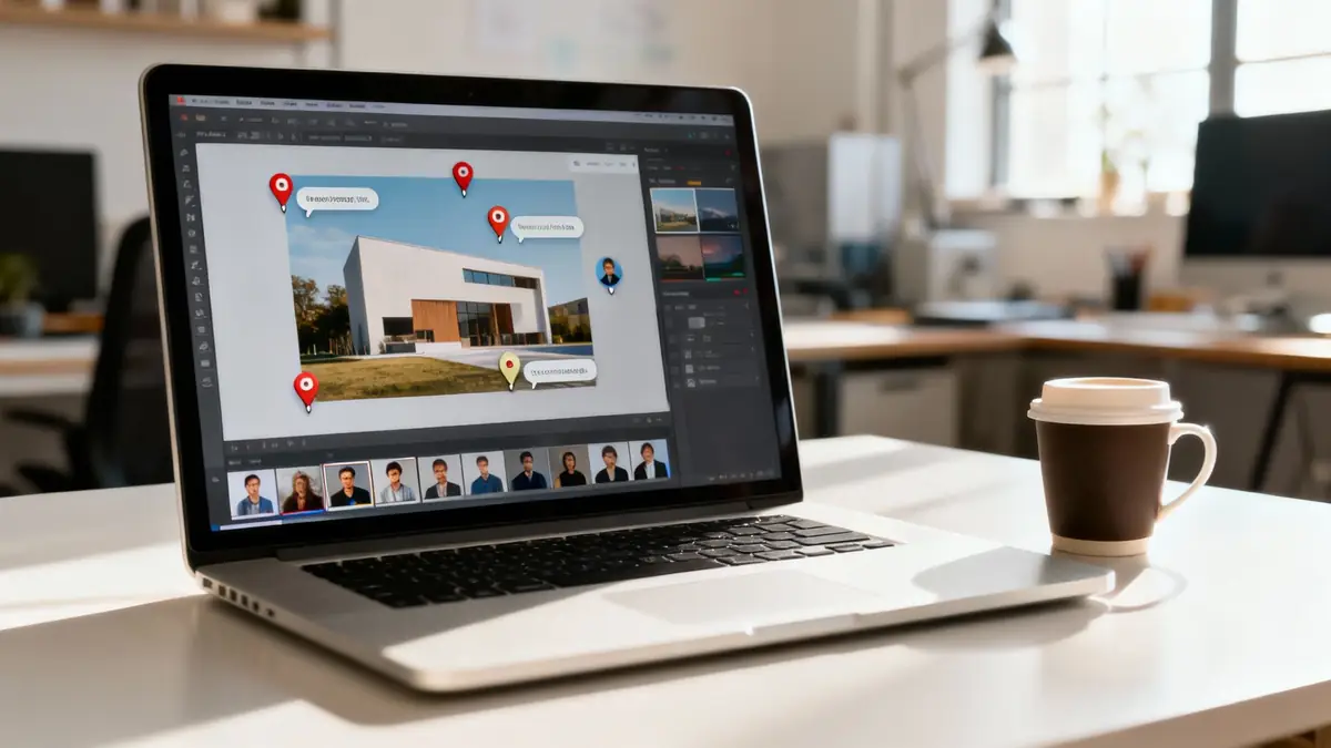 Laptop on a desk displaying image editing software with a modern house, location pins, and user profiles, with a coffee cup nearby.