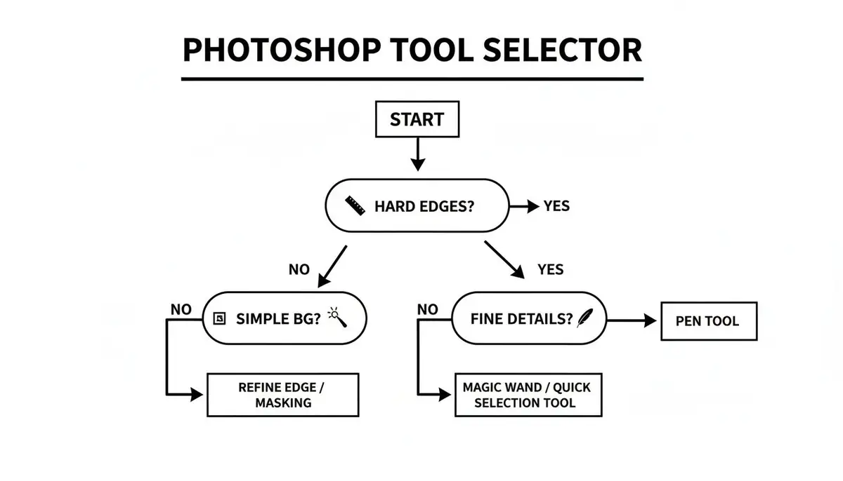 A Photoshop tool selector flowchart guiding users for effective background removal.