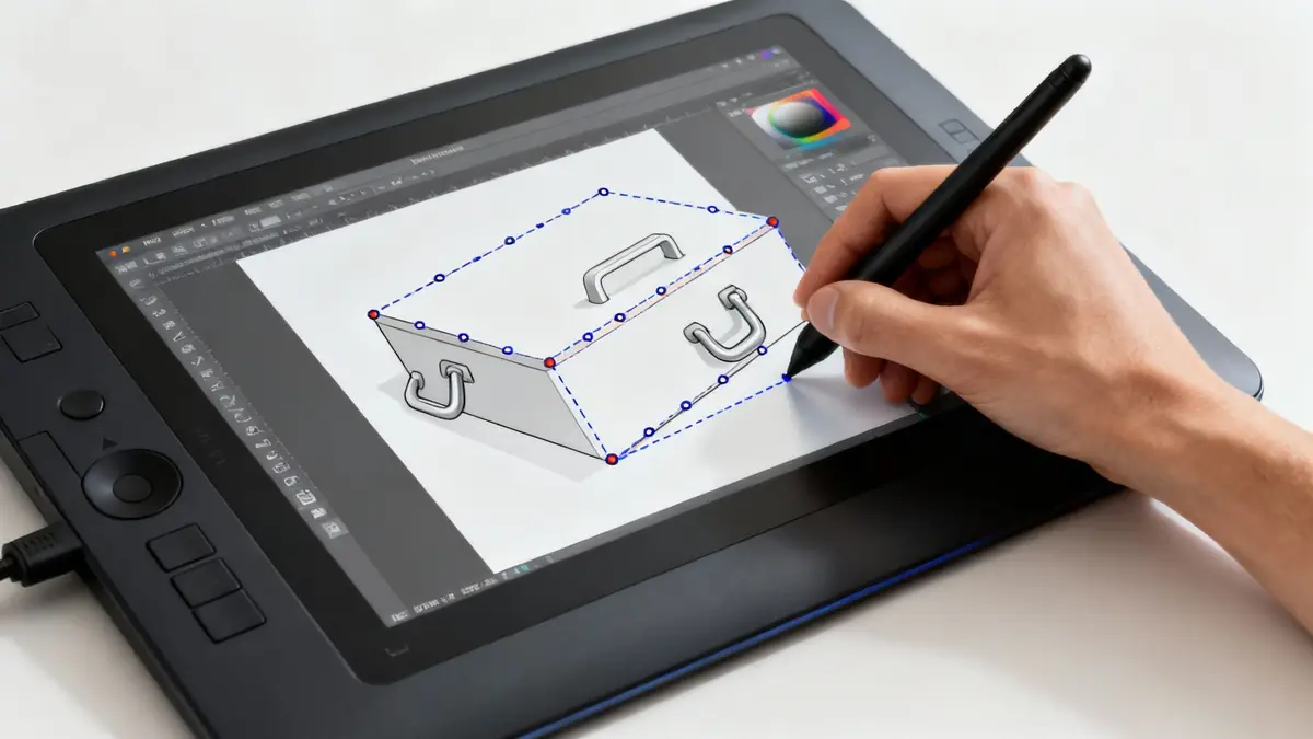 A hand uses a stylus to draw a toolbox illustration on a Wacom graphics tablet.