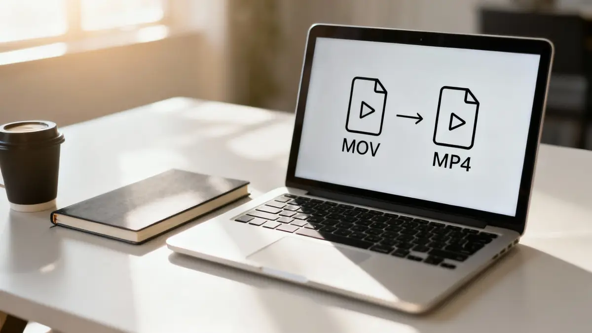 A laptop screen displays MOV to MP4 video conversion icons, with a coffee cup and notebook on a white desk.