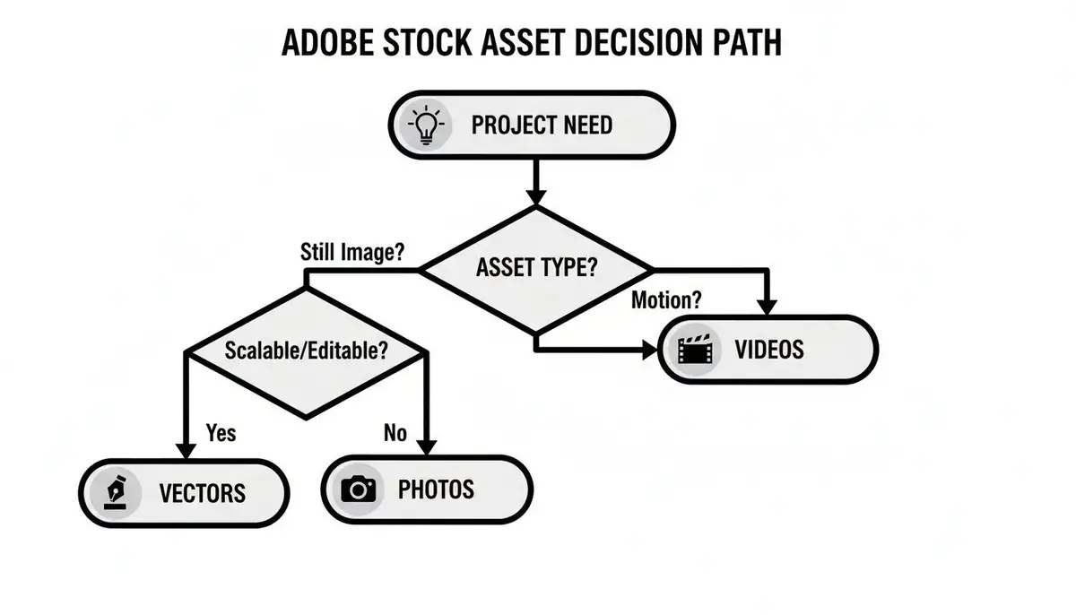 Flowchart illustrating the Adobe Stock asset decision path for choosing between videos, vectors, and photos based on project needs.