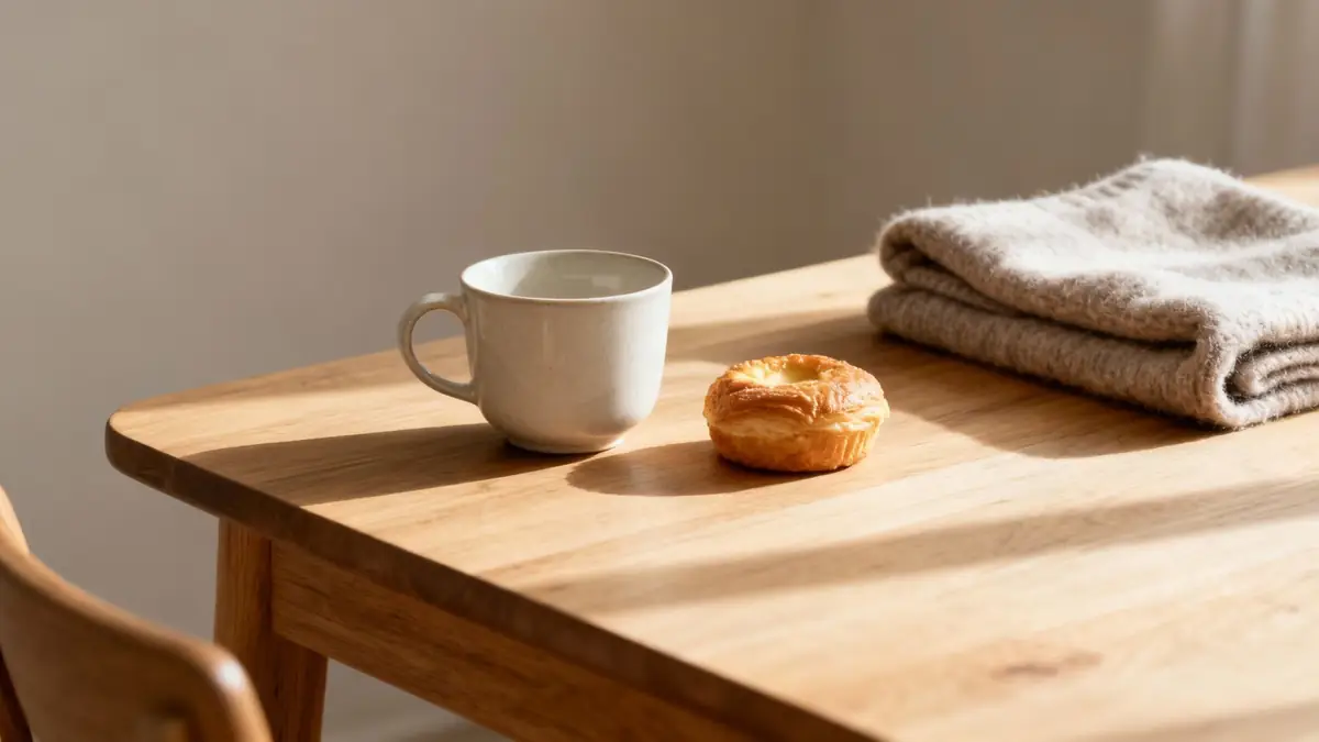 A ceramic mug, a golden pastry, and a folded knit blanket on a sunny wooden table.