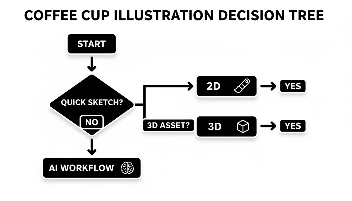 Decision tree flowchart for coffee cup illustration process, detailing quick sketch, 2D, 3D, and AI workflow options.